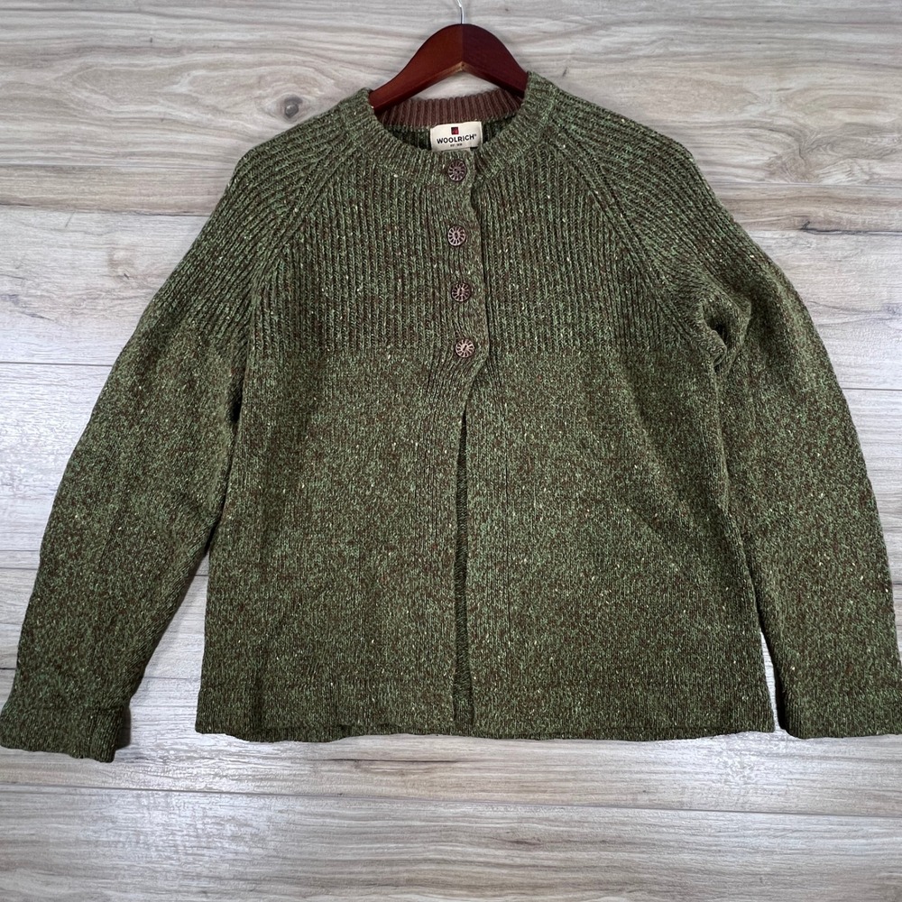 Woolrich Womens Dark Moss Heather Ramie Wool Blend Cardigan Sweater Medium 9635
